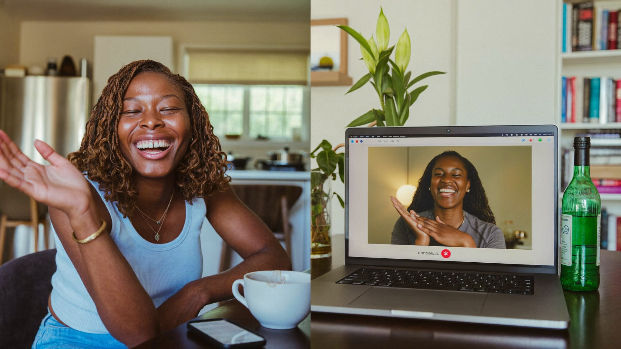 A woman in the UK laughing on a video call with family